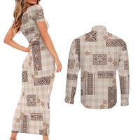 Hawaiian Quilt Tapa On Beige Palaka Motifs Couples Matching Short Sleeve Bodycon Dress and Long Sleeve Button Shirt