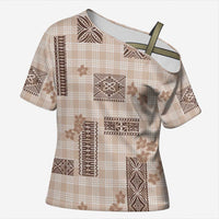 Hawaiian Quilt Tapa On Beige Palaka Motifs Cross Shoulder Shirt