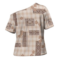Hawaiian Quilt Tapa On Beige Palaka Motifs Cross Shoulder Shirt