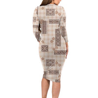 Hawaiian Quilt Tapa On Beige Palaka Motifs Family Matching Long Sleeve Bodycon Dress and Hawaiian Shirt