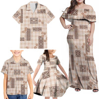 Hawaiian Quilt Tapa On Beige Palaka Motifs Family Matching Off Shoulder Maxi Dress and Hawaiian Shirt