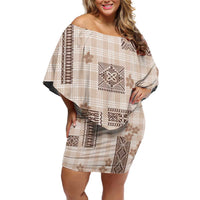 Hawaiian Quilt Tapa On Beige Palaka Motifs Family Matching Off Shoulder Short Dress and Hawaiian Shirt