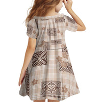 Hawaiian Quilt Tapa On Beige Palaka Motifs Kid Short Sleeve Dress