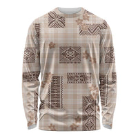 Hawaiian Quilt Tapa On Beige Palaka Motifs Long Sleeve Shirt