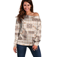 Hawaiian Quilt Tapa On Beige Palaka Motifs Off Shoulder Sweater LT7 Women Beige - Polynesian Pride