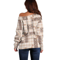 Hawaiian Quilt Tapa On Beige Palaka Motifs Off Shoulder Sweater LT7 - Polynesian Pride