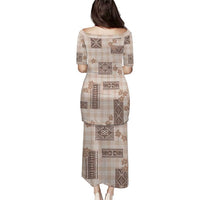 Hawaiian Quilt Tapa On Beige Palaka Motifs Puletasi LT7 - Polynesian Pride