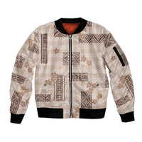 Hawaiian Quilt Tapa On Beige Palaka Motifs Sleeve Zip Bomber Jacket LT7 Unisex Beige - Polynesian Pride