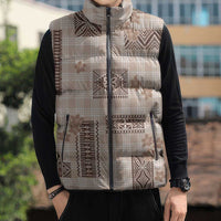 Hawaiian Quilt Tapa On Beige Palaka Motifs Sleeveless Puffer Jacket LT7 - Polynesian Pride