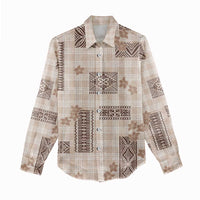 Hawaiian Quilt Tapa On Beige Palaka Motifs Women Casual Shirt