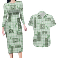 Hawaiian Quilt Tapa On Pastel Mint Palaka Motifs Couples Matching Long Sleeve Bodycon Dress and Hawaiian Shirt