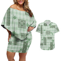 Hawaiian Quilt Tapa On Pastel Mint Palaka Motifs Couples Matching Off Shoulder Short Dress and Hawaiian Shirt