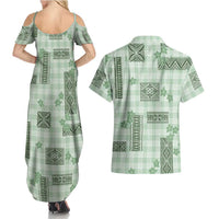 Hawaiian Quilt Tapa On Pastel Mint Palaka Motifs Couples Matching Summer Maxi Dress and Hawaiian Shirt