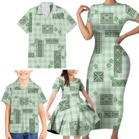 Hawaiian Quilt Tapa On Pastel Mint Palaka Motifs Family Matching Short Sleeve Bodycon Dress and Hawaiian Shirt