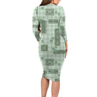 Hawaiian Quilt Tapa On Pastel Mint Palaka Motifs Long Sleeve Bodycon Dress LT7 - Polynesian Pride