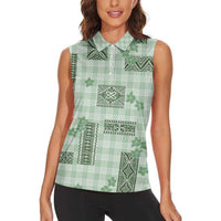 Hawaiian Quilt Tapa On Pastel Mint Palaka Motifs Women Sleeveless Polo Shirt