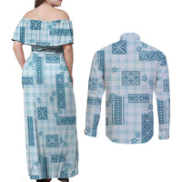 Hawaiian Quilt Tapa On Cold Blue Palaka Motifs Couples Matching Off Shoulder Maxi Dress and Long Sleeve Button Shirt