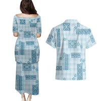 Hawaiian Quilt Tapa On Cold Blue Palaka Motifs Couples Matching Puletasi and Hawaiian Shirt