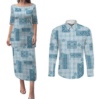 Hawaiian Quilt Tapa On Cold Blue Palaka Motifs Couples Matching Puletasi and Long Sleeve Button Shirt LT7 Azure - Polynesian Pride