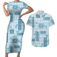 Hawaiian Quilt Tapa On Cold Blue Palaka Motifs Couples Matching Short Sleeve Bodycon Dress and Hawaiian Shirt