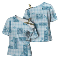 Hawaiian Quilt Tapa On Cold Blue Palaka Motifs Cross Shoulder Shirt LT7 - Polynesian Pride