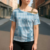 Hawaiian Quilt Tapa On Cold Blue Palaka Motifs Cross Shoulder Shirt LT7 - Polynesian Pride