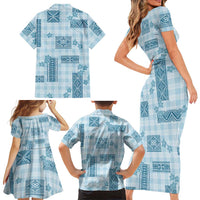 Hawaiian Quilt Tapa On Cold Blue Palaka Motifs Family Matching Short Sleeve Bodycon Dress and Hawaiian Shirt