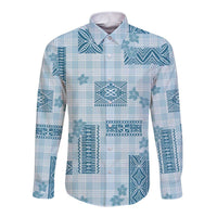 Hawaiian Quilt Tapa On Cold Blue Palaka Motifs Long Sleeve Button Shirt LT7 Unisex Azure - Polynesian Pride