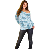 Hawaiian Quilt Tapa On Cold Blue Palaka Motifs Off Shoulder Sweater