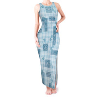 Hawaiian Quilt Tapa On Cold Blue Palaka Motifs Tank Maxi Dress