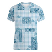 Hawaiian Quilt Tapa On Cold Blue Palaka Motifs Women V-Neck T-Shirt