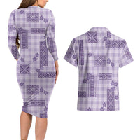Hawaiian Quilt Tapa On Lilac Palaka Motifs Couples Matching Long Sleeve Bodycon Dress and Hawaiian Shirt