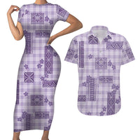 Hawaiian Quilt Tapa On Lilac Palaka Motifs Couples Matching Short Sleeve Bodycon Dress and Hawaiian Shirt LT7 Lilac - Polynesian Pride