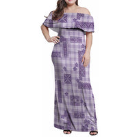 Hawaiian Quilt Tapa On Lilac Palaka Motifs Family Matching Off Shoulder Maxi Dress and Hawaiian Shirt