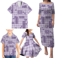 Hawaiian Quilt Tapa On Lilac Palaka Motifs Family Matching Puletasi and Hawaiian Shirt