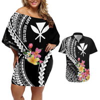 AAPI Heritage Month Couples Matching Off Shoulder Short Dress and Hawaiian Shirt Kanaka Hawaii Plumeria LT7 Black - Polynesian Pride