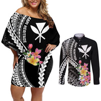 AAPI Heritage Month Couples Matching Off Shoulder Short Dress and Long Sleeve Button Shirt Kanaka Hawaii Plumeria LT7 Black - Polynesian Pride