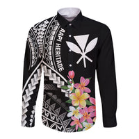 AAPI Heritage Month Long Sleeve Button Shirt Kanaka Hawaii Plumeria LT7 Unisex Black - Polynesian Pride
