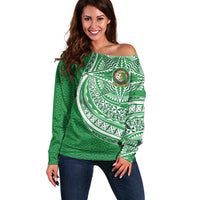 Tonga Liahona High School Personalized Off Shoulder Sweater Ngatu Tokelaufeletoa Motifs
