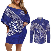 Tupou College Toloa Couples Matching Off Shoulder Short Dress and Long Sleeve Button Shirt Ngatu Tapa Mix Style LT7 Blue - Polynesian Pride