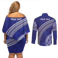 Tupou College Toloa Couples Matching Off Shoulder Short Dress and Long Sleeve Button Shirt Ngatu Tapa Mix Style LT7 - Polynesian Pride