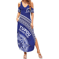 Tupou College Toloa Summer Maxi Dress Ngatu Tapa Mix Style LT7 Women Blue - Polynesian Pride