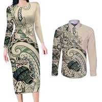 Aloha Hawaii Tapa Couples Matching Long Sleeve Bodycon Dress and Long Sleeve Button Shirt Summer Green Hawaiian Ipu LT7 Emerald - Polynesian Pride