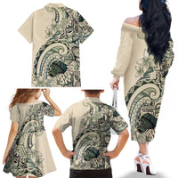 Aloha Hawaii Tapa Family Matching Off The Shoulder Long Sleeve Dress and Hawaiian Shirt Summer Green Hawaiian Ipu - Polynesian Pride