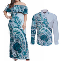 Aloha Hawaii Tapa Couples Matching Off Shoulder Maxi Dress and Long Sleeve Button Shirt Cool Turquoise Hawaiian Ipu - Polynesian Pride