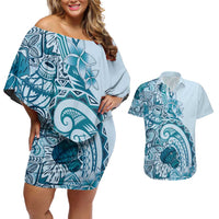 Aloha Hawaii Tapa Couples Matching Off Shoulder Short Dress and Hawaiian Shirt Cool Turquoise Hawaiian Ipu - Polynesian Pride