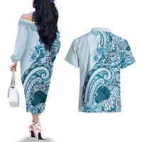 Aloha Hawaii Tapa Couples Matching Off The Shoulder Long Sleeve Dress and Hawaiian Shirt Cool Turquoise Hawaiian Ipu - Polynesian Pride