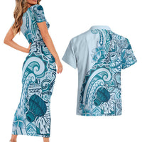 Aloha Hawaii Tapa Couples Matching Short Sleeve Bodycon Dress and Hawaiian Shirt Cool Turquoise Hawaiian Ipu - Polynesian Pride