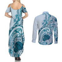 Aloha Hawaii Tapa Couples Matching Summer Maxi Dress and Long Sleeve Button Shirt Cool Turquoise Hawaiian Ipu - Polynesian Pride