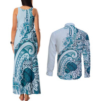 Aloha Hawaii Tapa Couples Matching Tank Maxi Dress and Long Sleeve Button Shirt Cool Turquoise Hawaiian Ipu - Polynesian Pride